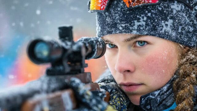 A close-up of a serious young female athlete aiming through a rifle scope against a backdrop of falling snow. The concept of winter competitions, concentration, precision