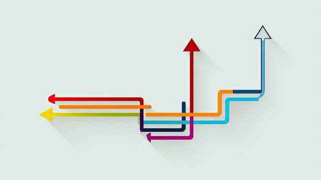 Intersecting directional arrows of various colors create a dynamic, abstract path