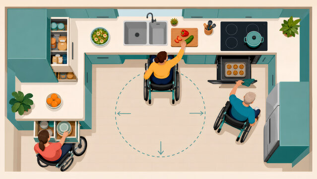 Accessible kitchen layout with people in wheelchairs cooking, baking, and organizing dishes, promoting independent living