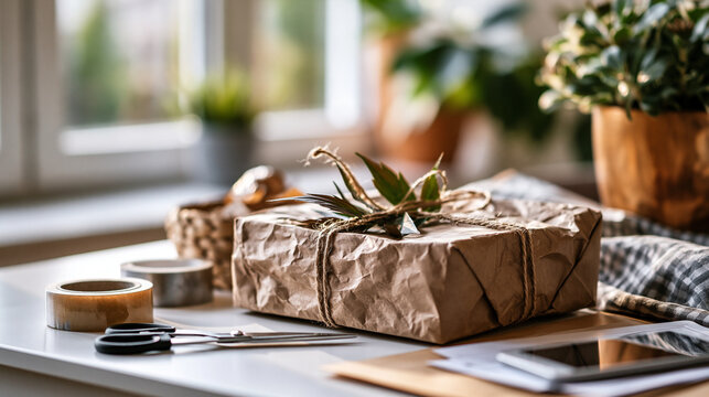Neatly framed in bright natural light, a crushed mailing box sits beside scissors, tape and replacement packaging for a return, ecommerce solution, damaged parcel, repacking process,
