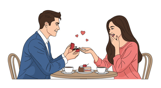 Man proposing to his surprised girlfriend with an engagement ring during a romantic dinner at a restaurant with cake and coffee.
