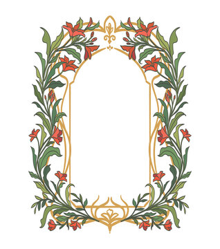 Art Nouveau flower renaissance frame vector artwork. Botanical background with floral decorative ornament, border for wedding or birthday event invitation, card, branding and vintage design.