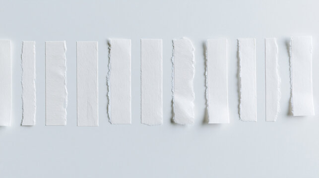 Lined up on a bright light-gray background, torn white adhesive tape strips vary in length and texture, packaging supply, ripped tape, parcel sealing, stationery set, isolated material,