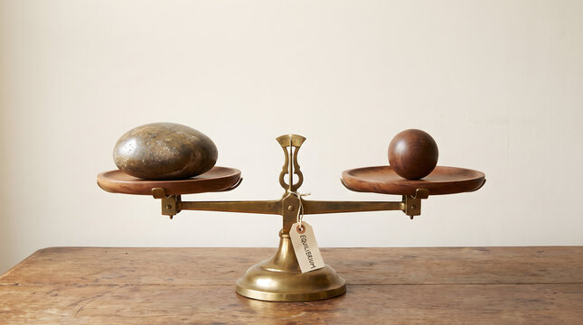 Vintage brass balance scale with stone and sphere on wooden table