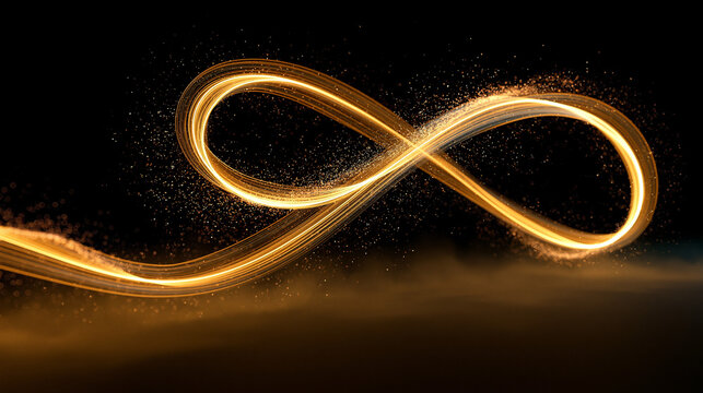 Radiant golden infinity symbol with sparkling light trails on black
