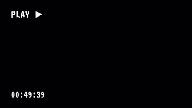 play vhs overlay animation with retro glitch effects, static noise, and analog distortion. 4K video resolution on black background.
