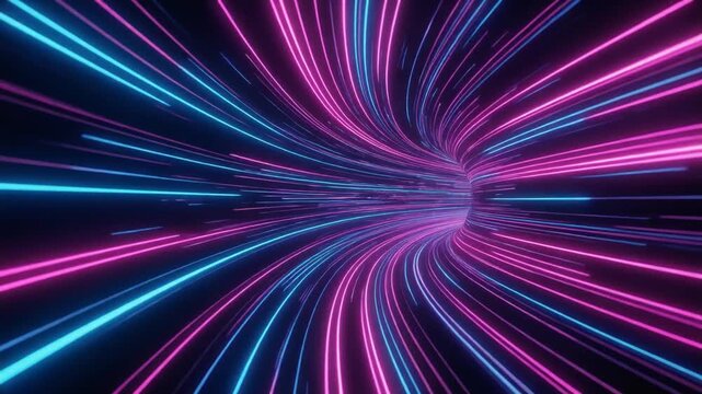 高速で未来的なネオンライトトンネルを進むサイバーパンクな光の渦と流線
