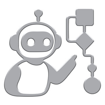 Silver 3D robot icon pointing at process flowchart diagram representing artificial intelligence, workflow automation, machine learning algorithm and digital logic on isolated transparent background PN