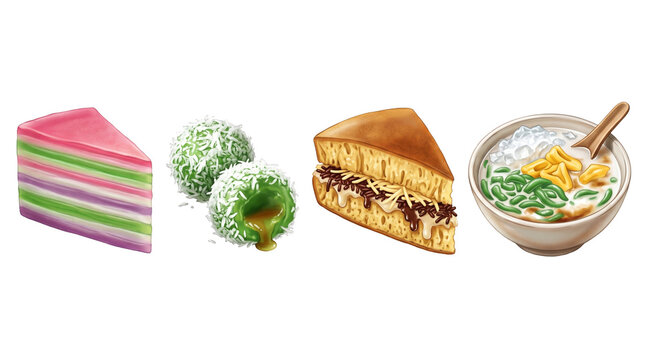 Traditional Indonesian desserts set with kue lapis, klepon, martabak manis, and es cendol illustration