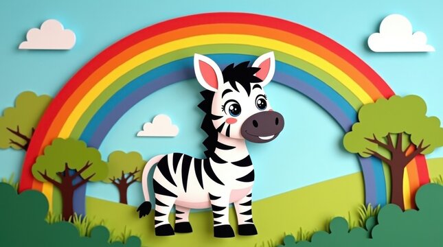 Adorable cebra de dibujos animados de pie bajo un arco&iacute;ris colorido, con sus caracter&iacute;sticas rayas blancas y negras