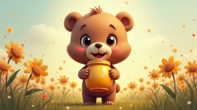 Oso sosteniendo un gran tarro de miel con ambas patas, de pelaje marr&oacute;n y esponjoso