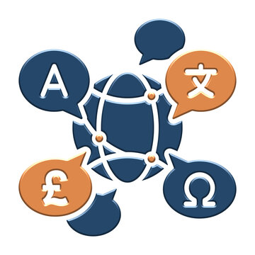 3D global translation icon with speech bubbles showing language symbols, representing international communication and dictionary learning services, isolated on a transparent background PNG 3D element.