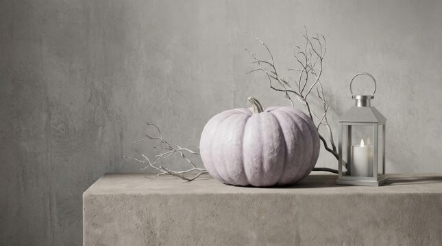 White pumpkin with dried branches and lantern on a rustic shelf