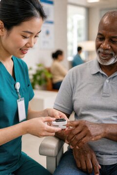 Nurse assisting senior man with finger pulse oximeter in clinic waiting area