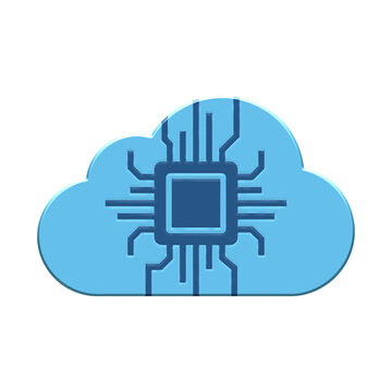 3D cloud computing icon featuring microchip processor circuit board symbol for artificial intelligence, data storage, network server technology isolated on transparent background cutout PNG design cli