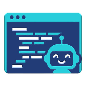 3D AI coding assistant bot icon featuring a browser window with programming code lines and a cute robot mascot character for modern software development, automated tooling, and modern AI applications.