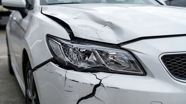 Damaged white car front end bumper and broken headlight after traffic accident collision