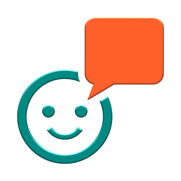 3D happy smiling face icon with orange speech bubble for customer support chat, online user review feedback, social media communication elements, isolated on transparent background PNG render graphic.