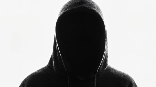 Anonymous hooded figure on white background. Dark silhouette of hacker or criminal in hoodie. Cybercrime and privacy concept
