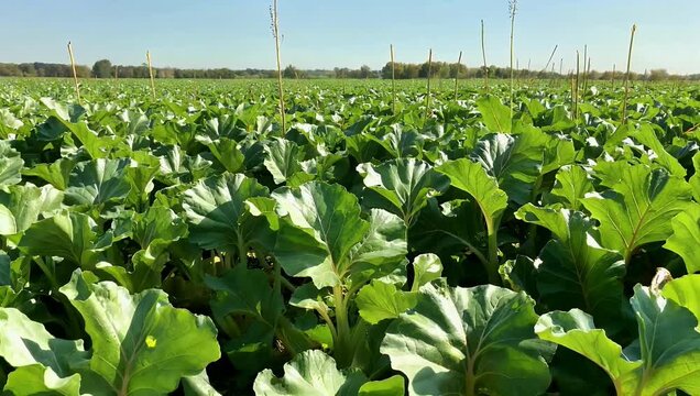 Detailed 4K cinematic view capturing the lush and vibrant green leaves of sugar beet plants swaying gently under bright summer sunlight showcasing the natural textures of a thriving commercial crop