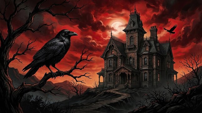 Creepy haunted mansion with a large black raven perched on a dead tree under a dramatic red sky