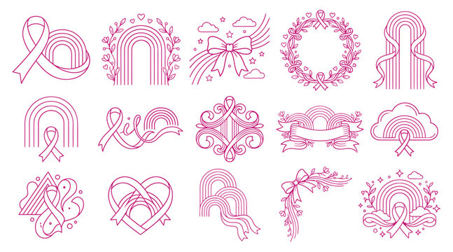 A collection of pink ribbon illustrations featuring a breast cancer awareness vector bundle design with rainbows hearts and floral decorative elements