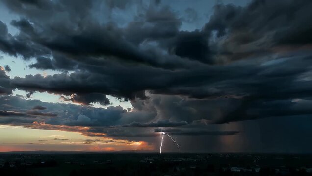 Dramatic 4K static landscape scene where sheet lightning repeatedly flickers beneath a towering supercell storm front casting an eerie glowing light across a slowly darkening horizon line