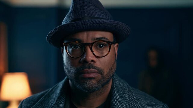 Portrait of man wearing fedora hat and glasses looking serious at camera. Detective or mystery character concept in dark room