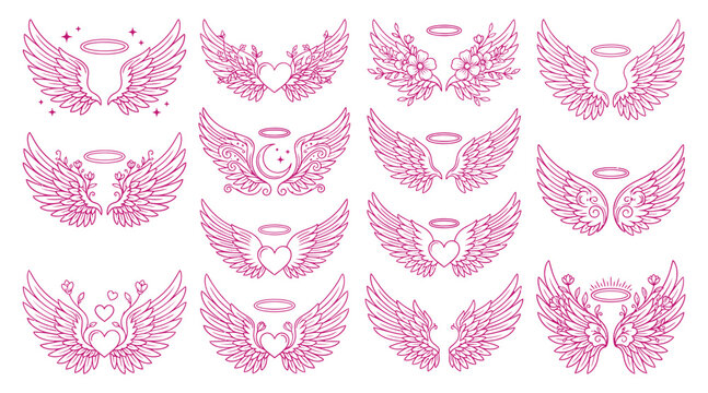 A collection of pink angel wings and halos forming a beautiful breast cancer awareness vector bundle for creative design projects