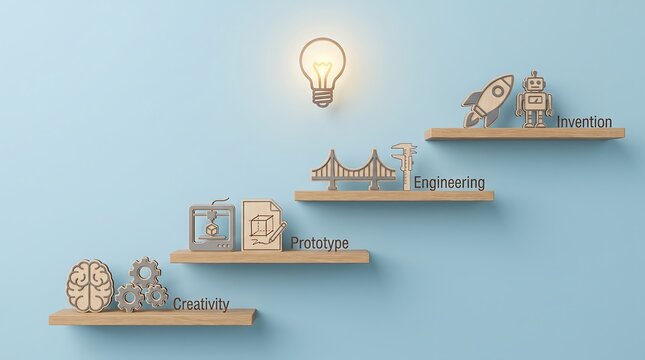 Conceptual development stages illustrating innovation process from creative thinking to final invention on floating shelves