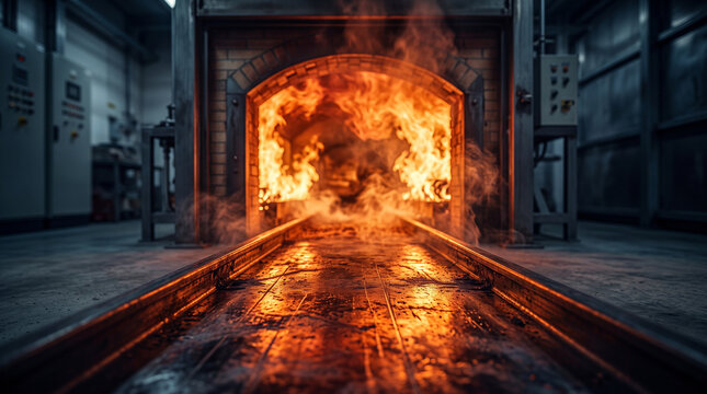 CrematFiery embers glow within darkened furnace. White hot ashes form textured pile, illuminated by intense orange heat, flickering flames. Scene orium, the body is sent into a burning cremation oven.