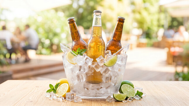Beer bottles in ice bucket with lemons and limes on the table  