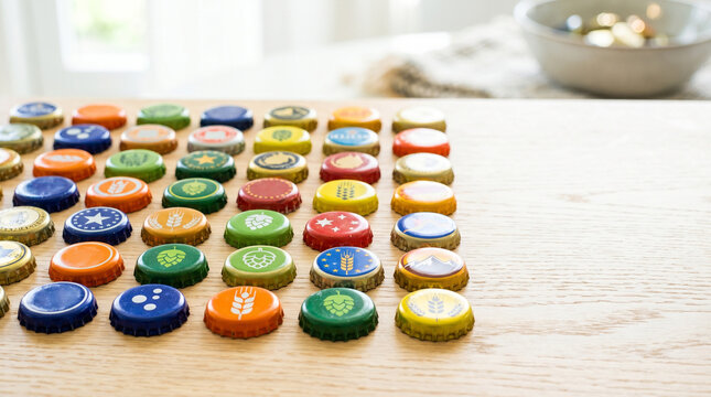 Colorful beer bottle caps arranged on wooden surface for collection  
