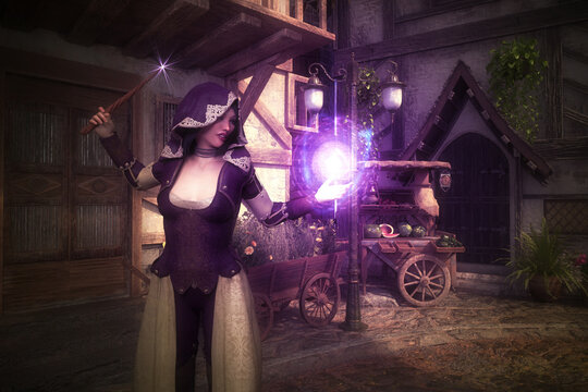 Digital 3D render of female sorceress in purple hooded costume casting glowing purple magic orb spell with wand in atmospheric medieval fantasy town marketplace setting.
