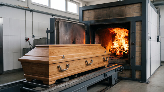 Industrial cremation chamber interior with active flames and a minimalist container during the cremation process.
