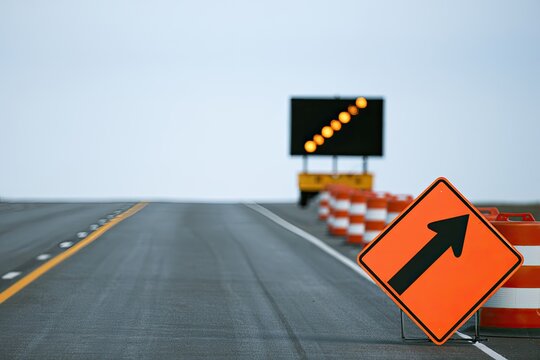 Road construction ahead with orange barrels, warning signs, and flashing arrow sign