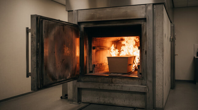 Industrial cremator furnace with an open door showing bright flames inside a brick crematory room