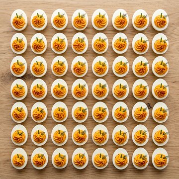 Deviled eggs arranged in a perfect grid pattern on a rustic wooden table background.