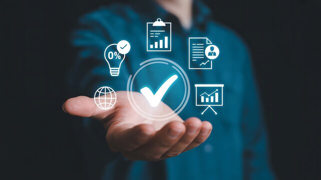 A hand holding a glowing checklist with a checkmark, surrounded by business icons like a globe, lightbulb, document, and graph. This signifies successful completion and achievement