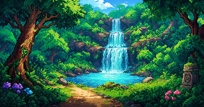 Pixel Art Forest Waterfall Stream Landscape