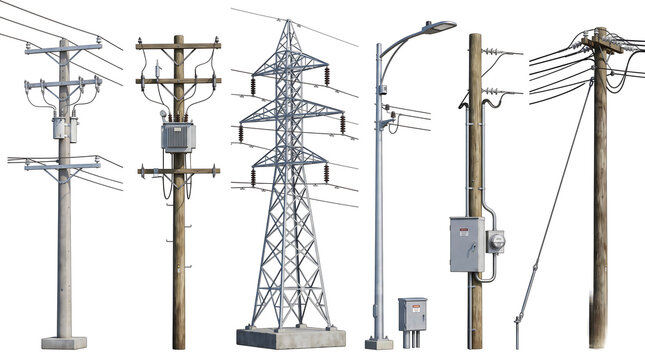 A collection of various electricity poles, utility structures, and a high-voltage transmission tower, showcasing different designs and materials for power distribution.