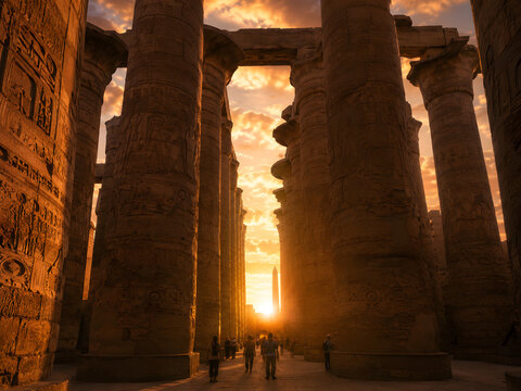 Colossal Columns Of Karnak Great Hypostyle Hall At Sunset