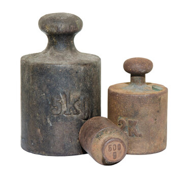 Set group collection of old, weathered, and rusty vintage retro scale weights, isolated on transparent white background png