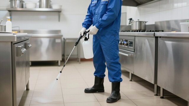 A professional in blue uniform sprays disinfectant across a commercial kitchen floor to eliminate pests and maintain hygiene standards.