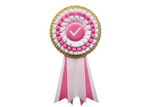 Pink and white award rosette with check mark isolated on transparent