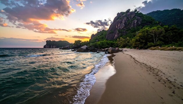 Idyllic tropical beach at sunset with dramatic sky, lush green mountains, and calm ocean waves gently lapping the shore.