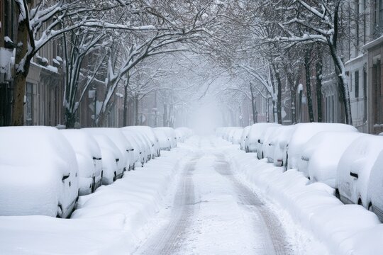 Snow-covered cars line a quiet, tree-lined street as winter descends