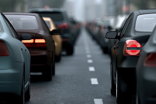 Cars line up on a busy road, brake lights glowing red, traffic congestion