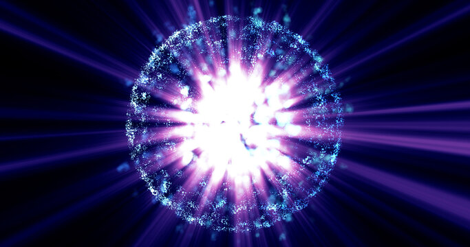 Abstract glowing blue energy sphere with particle effects radiates light against a dark background, representing technology, science, and cosmic power concepts. 