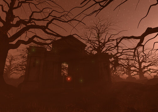 An eerie stone mausoleum archway stands beneath twisted bare trees under a haunting red night sky filled with stars and fog. 3D Illustration